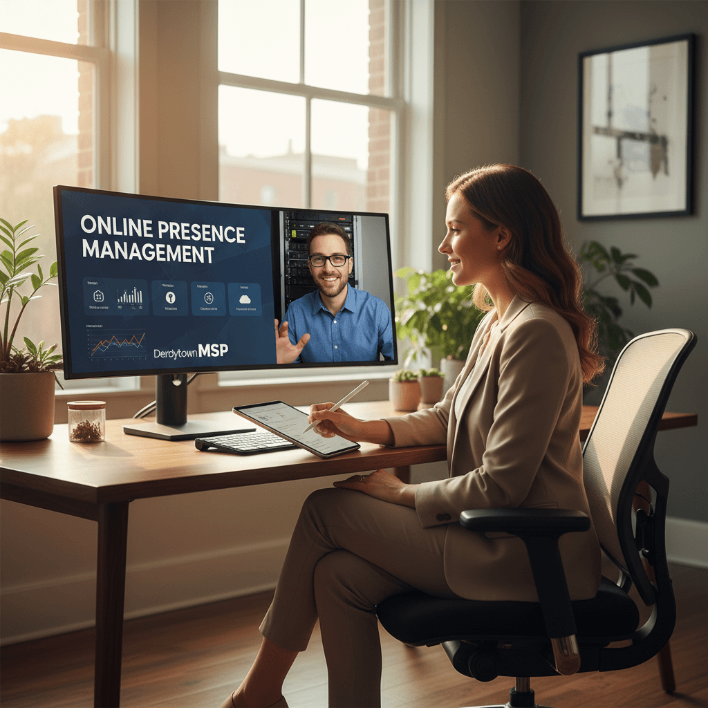 Professional woman uses a tablet while attending a virtual meeting about online presence management.
