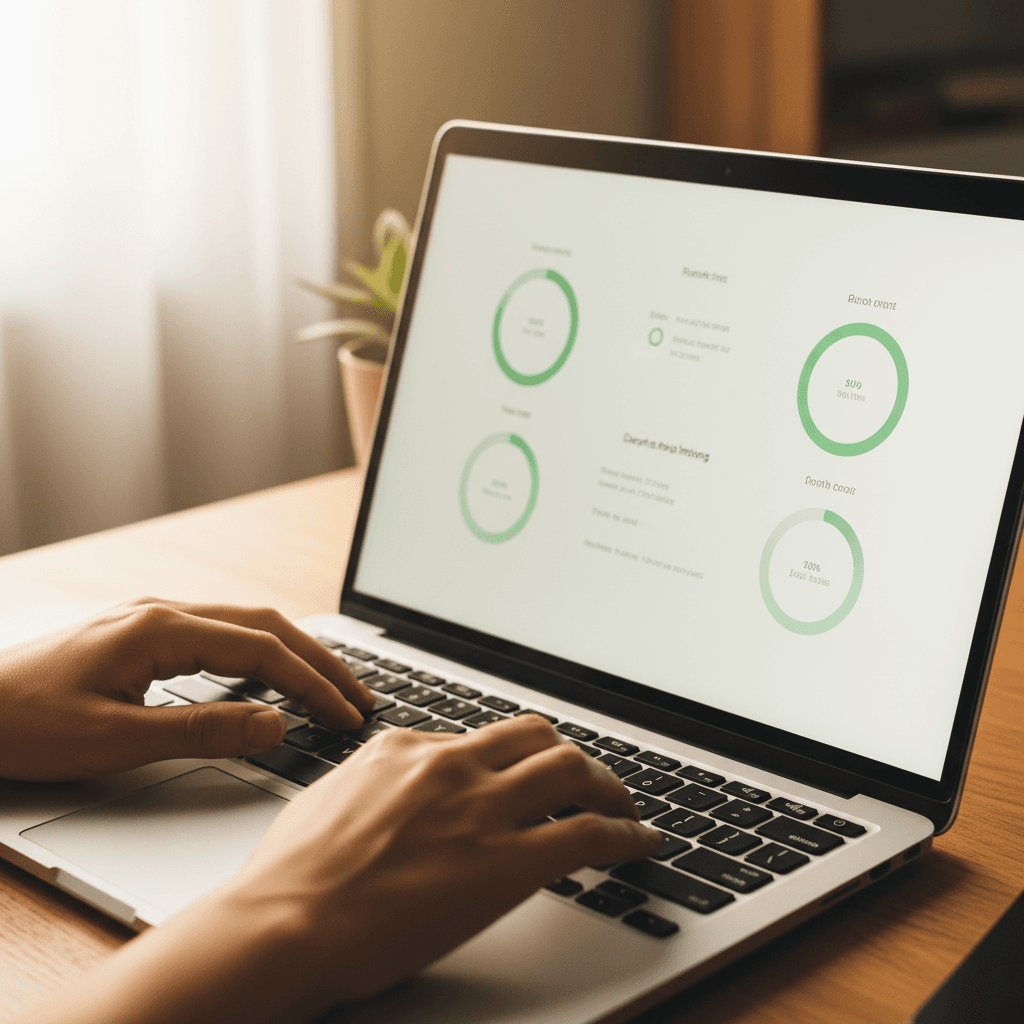 Laptop displaying clean IT monitoring dashboard with green status indicators