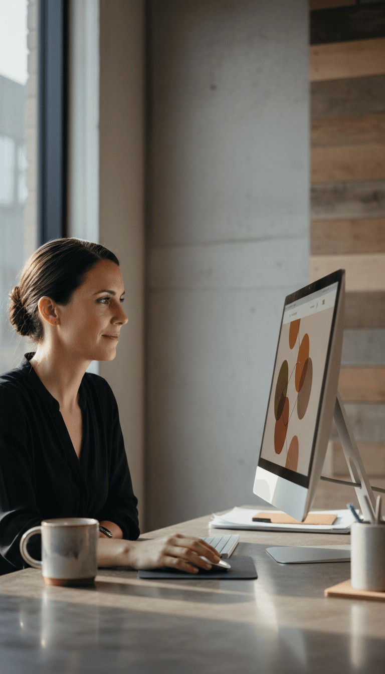 Business owner reviewing professional website on desktop computer in natural light